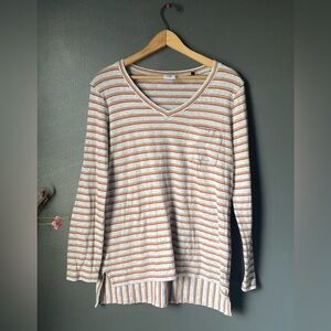 Cabi Striped V-Neck Long Sleeve Tee Pocket Top Medium